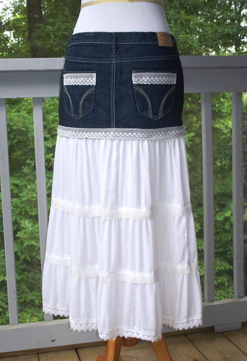 White Broomstick & Blue Denim Reconstructed Jean Skirt Etsy
