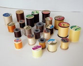 Sewing Thread, Assorted Lot of 22 Spools, Brown, Yellow, Beige, Orange