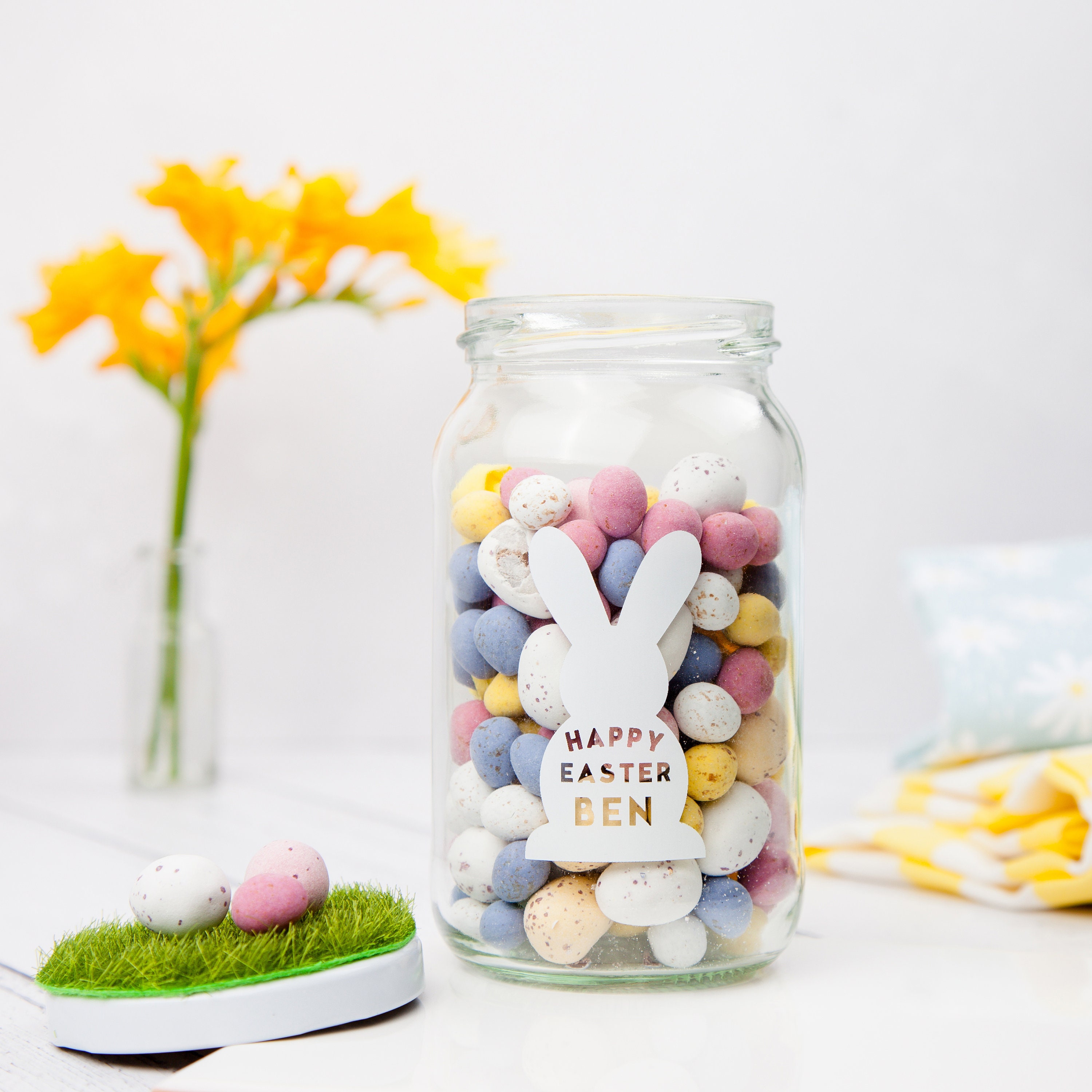 Personalised Bunny Gonk Jar fill with Treats Sweets Eggs Happy Easter Gift Name