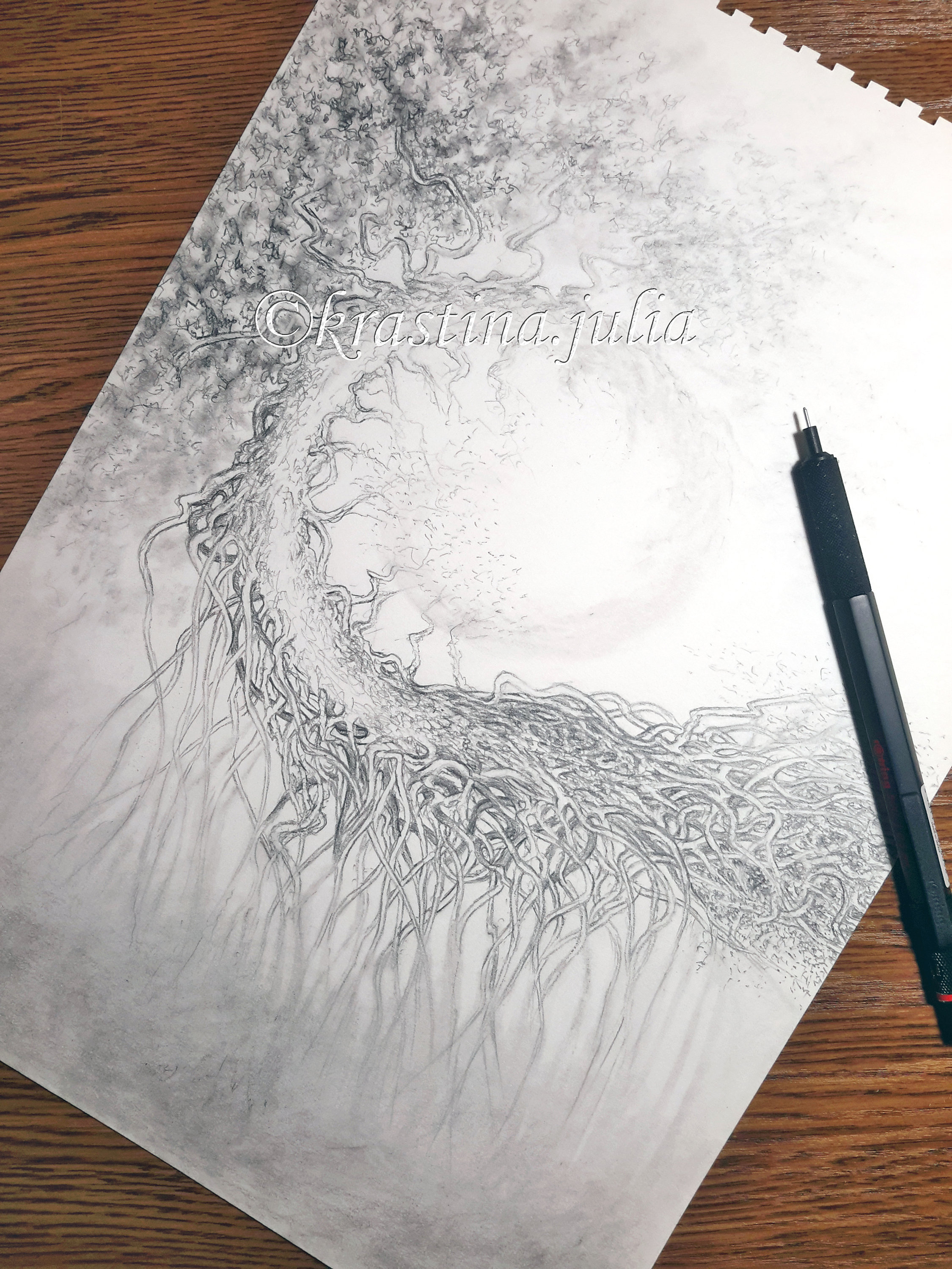 神秘的な木の鉛筆画、森の風景画（A4、フレームなし） - Etsy 日本