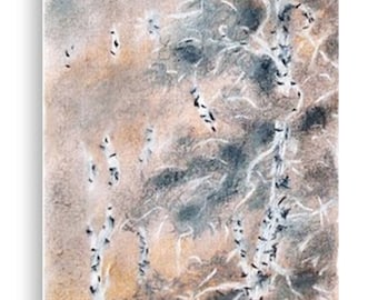 May include: A watercolor painting of a birch forest with white trunks and black branches. The trees are painted in a light brown and gray color scheme, with a hint of orange in the background. The painting is signed "Kristina Julia" in the bottom right corner.