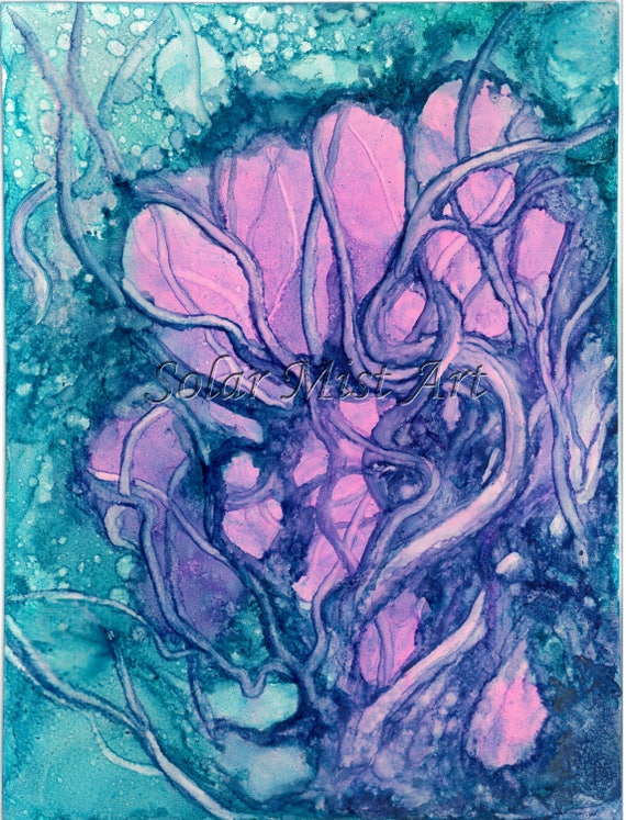 ファンタジーツリーの水墨画、ライラックターコイズフォレストイラスト