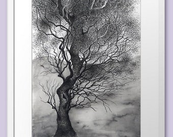 Tree Ink drawing Art PRINT Forest realistic art Illustration Landscape Hand painted Grafics Homedecor Walldecor Original art Traditional art