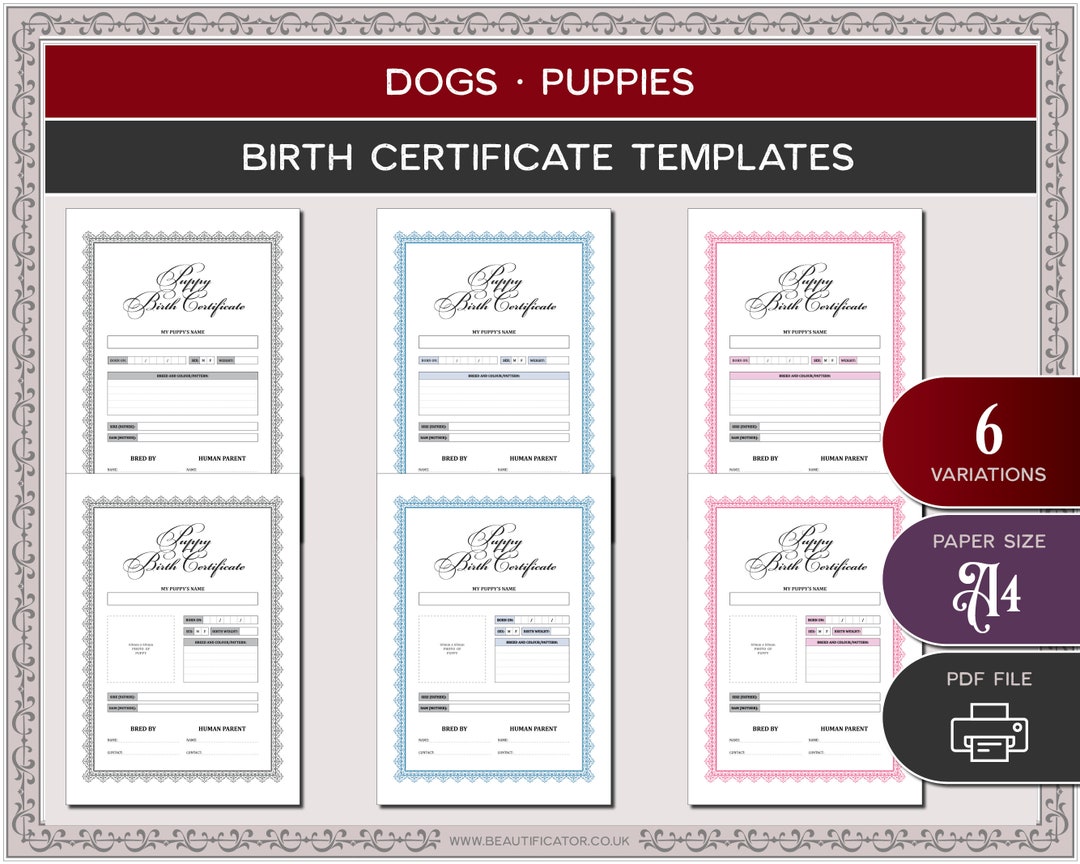 PRINTABLE: 6 Puppy Birth Certificate Templates BUNDLE With - Etsy
