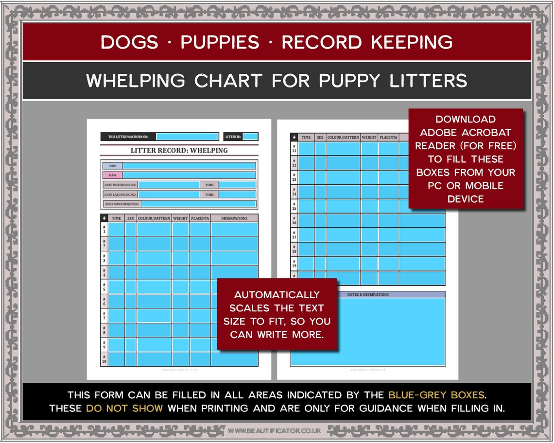 FILLABLE A4 PUPPY Whelping Chart for Dog Breeders Birth Etsy Canada