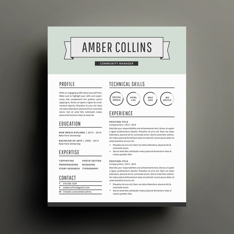 The Amber DIY Printable Resume 4 Pack Modern Resume Template and Cover Letter Template for Word Includes Second Page and References