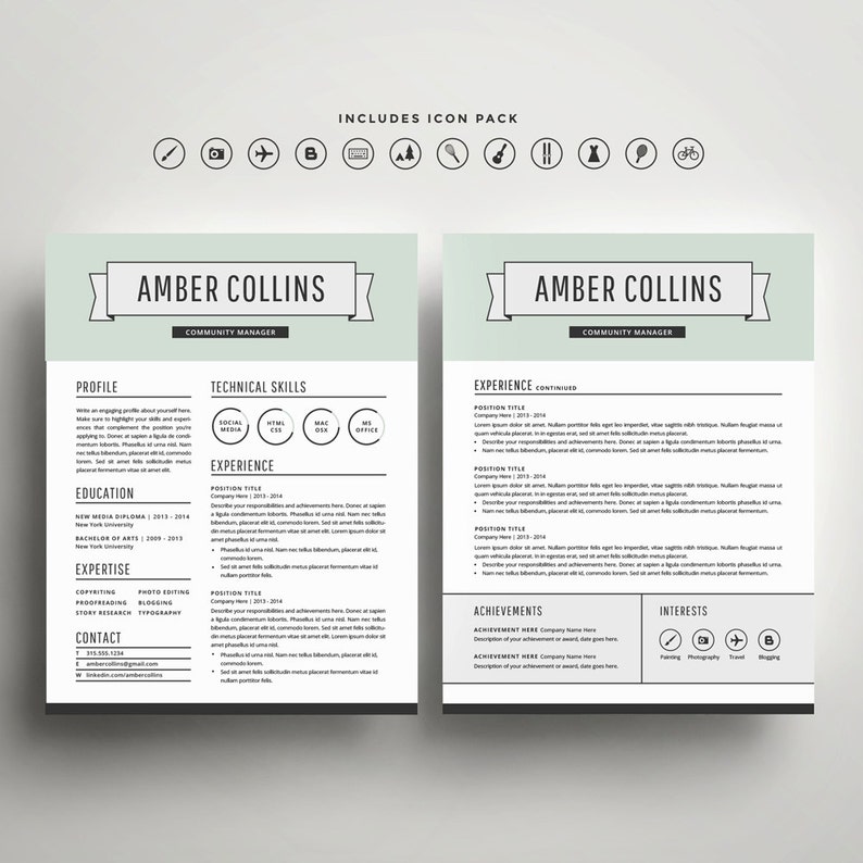 The Amber DIY Printable Resume 4 Pack Modern Resume Template and Cover Letter Template for Word Includes Second Page and References