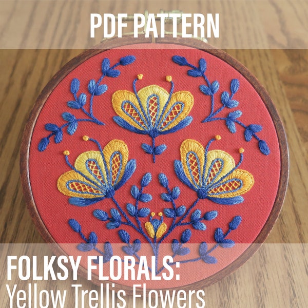 Folksy Floral Embroidery PDF Pattern | Folk Art Inspired Flowers | Hand Embroidery Art | Digital PDF Download | Botanical Embroidery Pattern