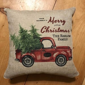 Beautiful Personalized Antique Red Truck 14 x 14 Zippered Faux Burlap Throw Pillow. Stunning quality!  Personalized with name of choice.
