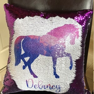 Personalized Watercolor Horse Mermaid Sequin Pillow Room Decor Birthday Party Gift Pillow & Cover Choose color custom Easter Christmas Gift