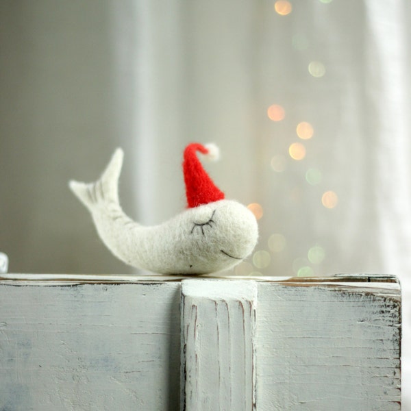 Christmas Dreamy Felt White Whale With A Red Hat -Needle Felt Art Doll - Whale Miniature