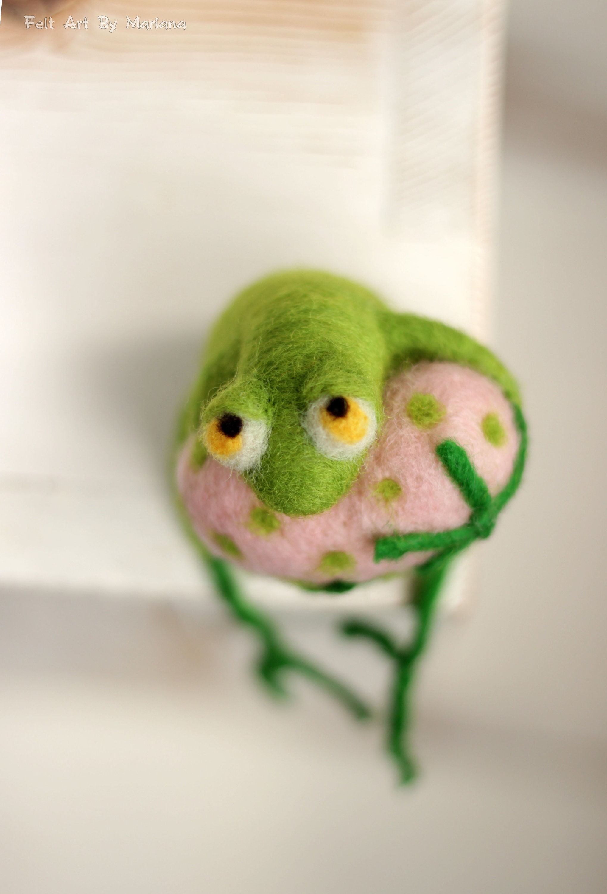 Needle Felted Frog Little Needle Felt Green Frog With A Pink Etsy