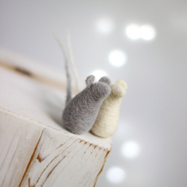 Needle Felted Mouse - Set Of Two Mice - Needle Felt Animals - Art Doll - White Gray - Baby Twins - Wool - Home Decor - Handmade - Miniature