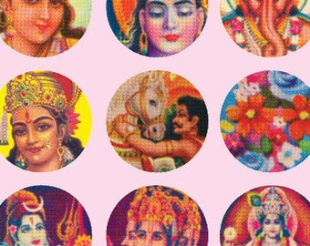 Digital Download Image Pixelated Indian Gods Faces / modèle d’autocollant / cabochon rond / Affiche vintage indienne / Rétro