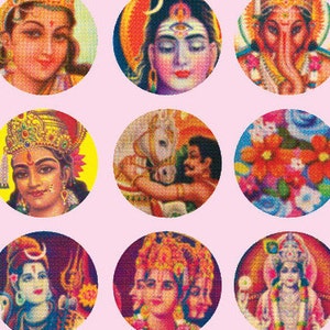 May include: Twelve circular images displaying vibrant illustrations of Hindu deities. Each image is set against a pale pink backdrop. The illustrations depict various gods and goddesses, each with detailed facial features and elaborate headwear.
