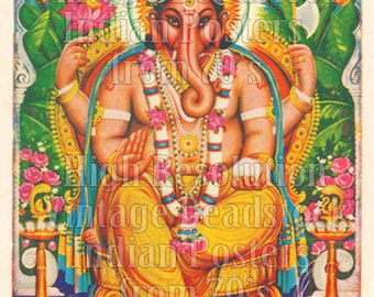 May include: A vintage Indian poster depicting Ganesha, a Hindu deity, seated on a throne. The artwork is rich in colour and detail, with traditional motifs. The image includes text in both English and Hindi.