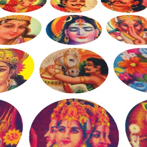 May include: A selection of oval stickers displaying images of Hindu deities. The stickers are richly colored, with shades of red, blue, yellow, and orange, set against a white backdrop. The illustrations depict various gods and goddesses in detail.