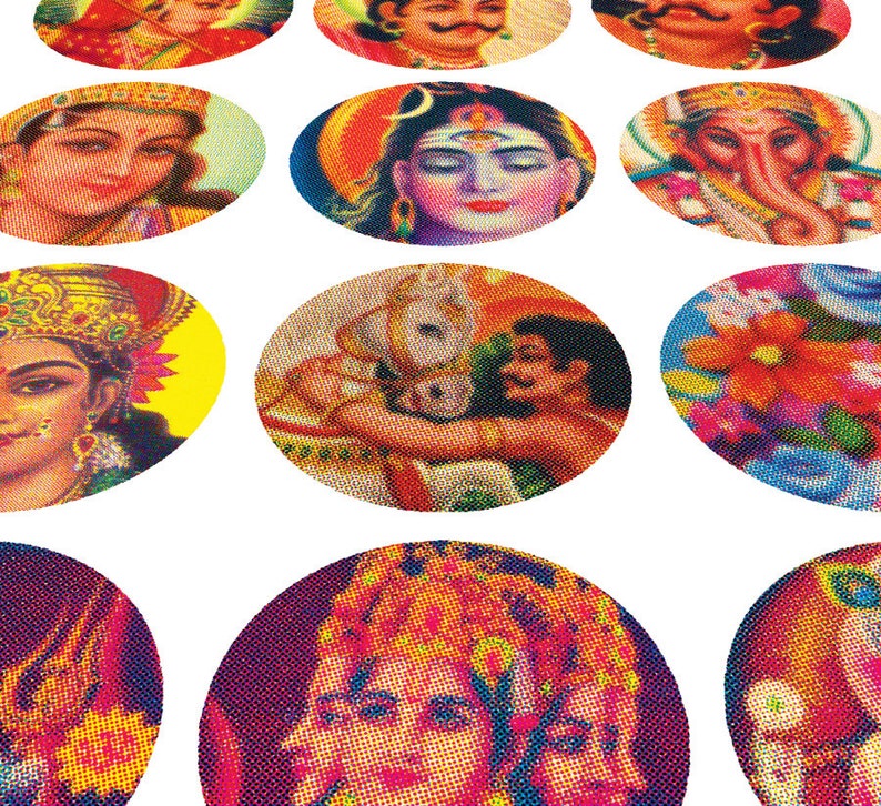 May include: A selection of oval stickers displaying images of Hindu deities. The stickers are richly colored, with shades of red, blue, yellow, and orange, set against a white backdrop. The illustrations depict various gods and goddesses in detail.