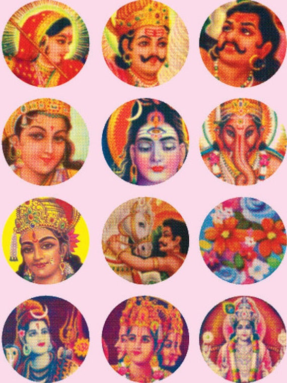 Digital Download Image Pixelated Indian Gods Faces / sticker template / round cabochon / Indian Vintage Poster / Retro