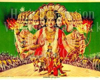 Téléchargements d’affiches numériques numérisées d’images vintage / affiche de vieux dieu indien des années 70 / KRISHNA UPADESH