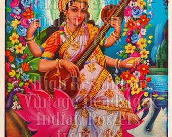 May include: Vintage Indian poster depicting a multi-armed deity playing a stringed instrument, framed by flowers, a peacock, and a swan. The image has text that reads "High Resolution Vintage Headstock Indian Posters from 70s."