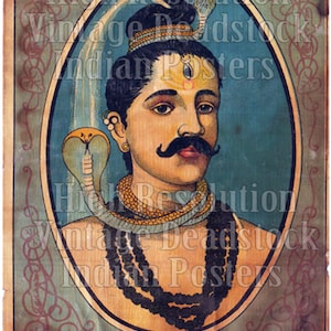 Digitales Vintage Bild Ravi Varma Press Original Lithografie scanntiertes Poster Downloads / 100 Jahre altes indisches Gott Poster / SHIVA