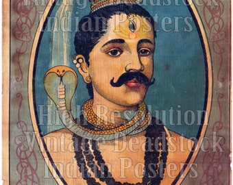 Image numérique vintage Ravi Varma Press Original Lithograph affiche scannée téléchargements / Affiche de dieu indien vieille de 100 ans / SHIVA