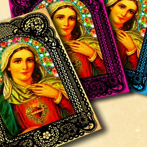 Sacred Heart of Mary Bindi Art Download / Vintage Poster met Glitter afbeelding / Mix Media Original Gritter Art Download Poster Prayer's card
