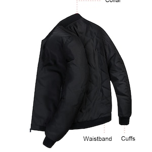 May include: A black bomber jacket with a zipper closure, ribbed collar, cuffs, and waistband.