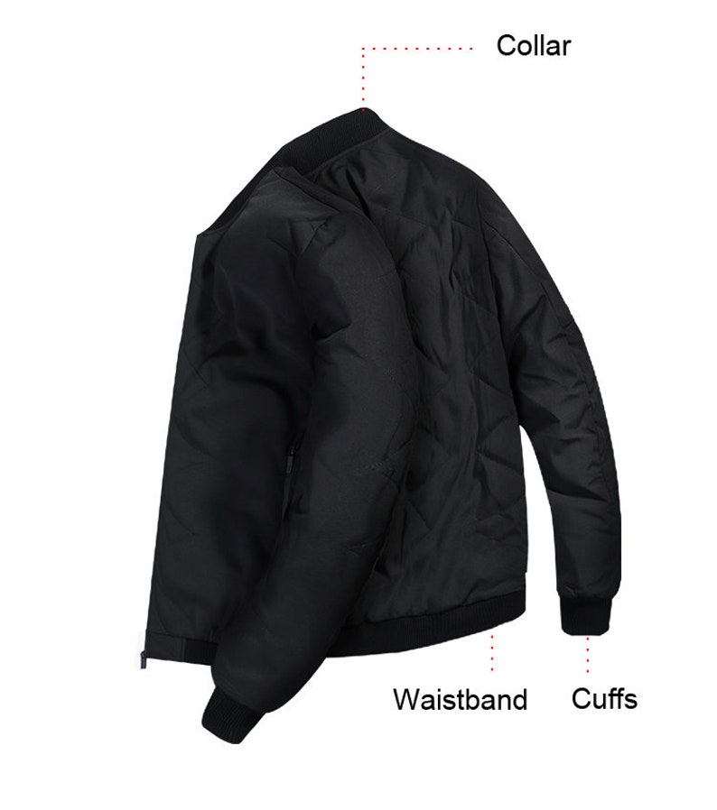 May include: A black bomber jacket with a zipper closure, ribbed collar, cuffs, and waistband.