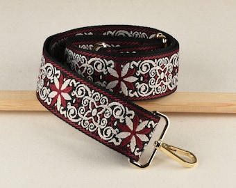 Dark Red Adjustable Floral Bag Strap 2 inch Width