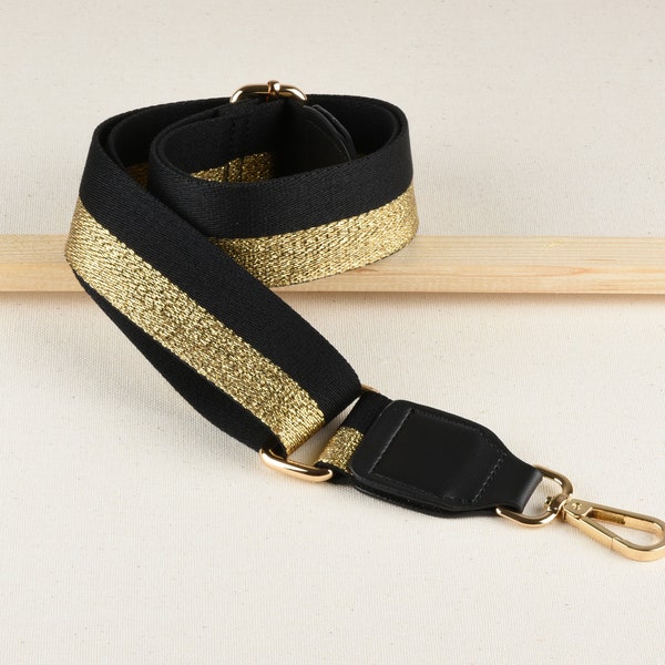 3.8cm wide Black and Gold Sparkling Strap Adjustable Shoulder Bag Strap