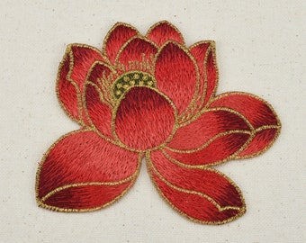 Embroidered Red Lutos Flower Applique Sew on Patch