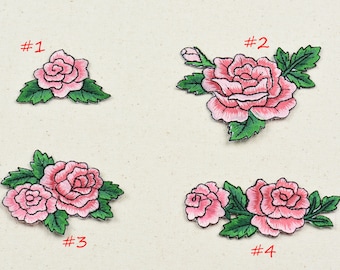 Embroidered Rose Patches Green and Pink Flower Appliques Iron On