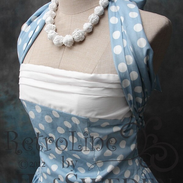 Polka dot patterned rockabilly dress. Designed handmade 50's Retro inspired halterneck L / XL