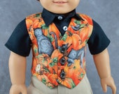 Fall Vest for 18 quot Boy Dolls. Black cats, pumpkin patch Halloween 3 button waistcoat. Made to fit American Girl Boy dolls.