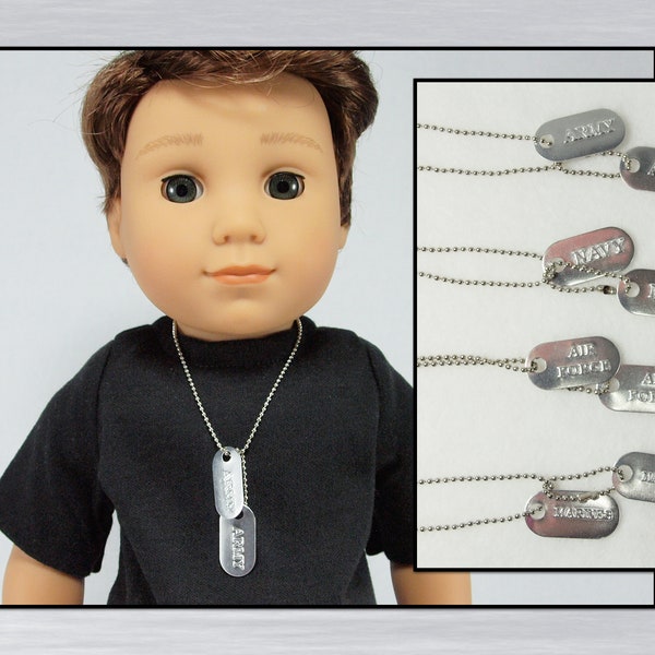 Mini Dog Tags. Your choice of military branch & clasp style. For dolls, scrapbooks, shadow boxes. 18" boy, girl doll necklace. BJD jewelry.