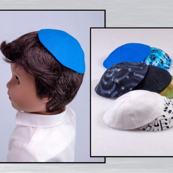 Kippah for dolls. Your choice of assorted prints and colors. Yarmulke skullcap for 18" boy dolls. Fits a 10" to 12" head.