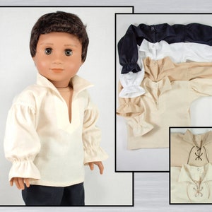 Pirate shirt for 18" dolls. Your choice of color. Optional eyelets and leather lace. Boy or Girl doll ruffle cuff costume tunic.