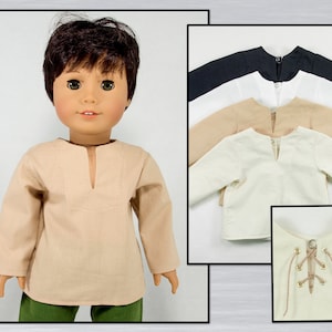 Tunic for 18" dolls. Made for you in your choice of color. Optional eyelets & leather lace. Long sleeve shirt for Boy or Girl doll costume.