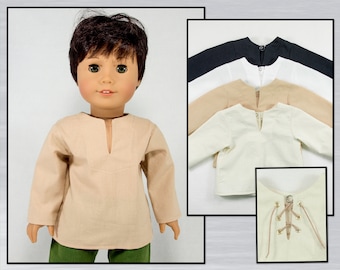 Tunic for 18" dolls. Made for you in your choice of color. Optional eyelets & leather lace. Long sleeve shirt for Boy or Girl doll costume.