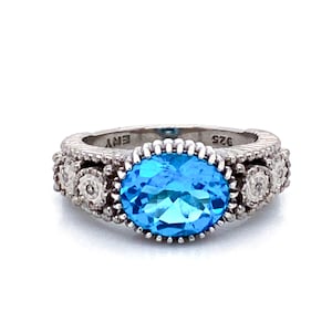 Sterling Silver, Oval Blue Topaz and Diamond, Statement, Cocktail Ring .925