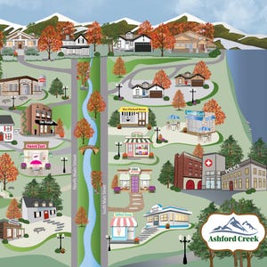 May include: A colorful illustrated map of Ashford Creek, featuring various businesses and landmarks. The map includes buildings, streets, a river, and trees with autumn foliage. The Ashford Creek logo is in the bottom right corner.