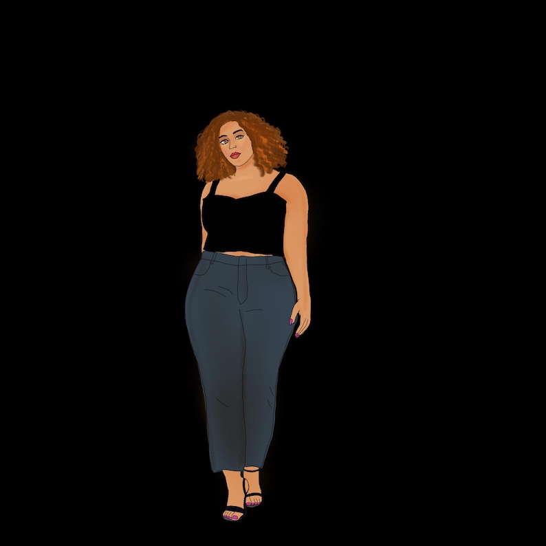 Puede incluir: Ilustraci&oacute;n de una persona con un top corto negro, vaqueros azules y sandalias negras. La persona tiene el pelo rizado rojo y est&aacute; sobre un fondo negro. Los vaqueros son de color azul medio.