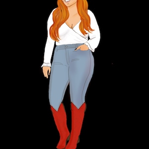 Puede incluir: Ilustraci&oacute;n de una persona con sombrero de vaquero marr&oacute;n, top blanco cruzado, vaqueros azul claro y botas de vaquero rojas. La persona tiene el pelo largo y rojo y est&aacute; sonriendo. El fondo es negro.