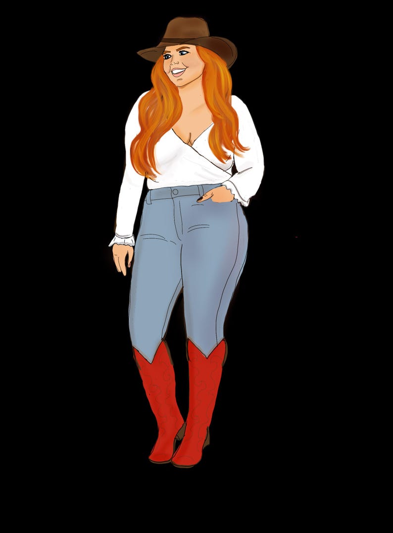 Puede incluir: Ilustraci&oacute;n de una persona con sombrero de vaquero marr&oacute;n, top blanco cruzado, vaqueros azul claro y botas de vaquero rojas. La persona tiene el pelo largo y rojo y est&aacute; sonriendo. El fondo es negro.