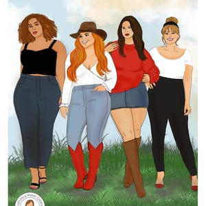 Puede incluir: Ilustraci&oacute;n de cuatro mujeres vestidas con ropa informal, de pie sobre hierba bajo un cielo azul. La imagen incluye a una mujer con sombrero de vaquero y botas. La obra de arte est&aacute; firmada por Francesca Weber Creative.
