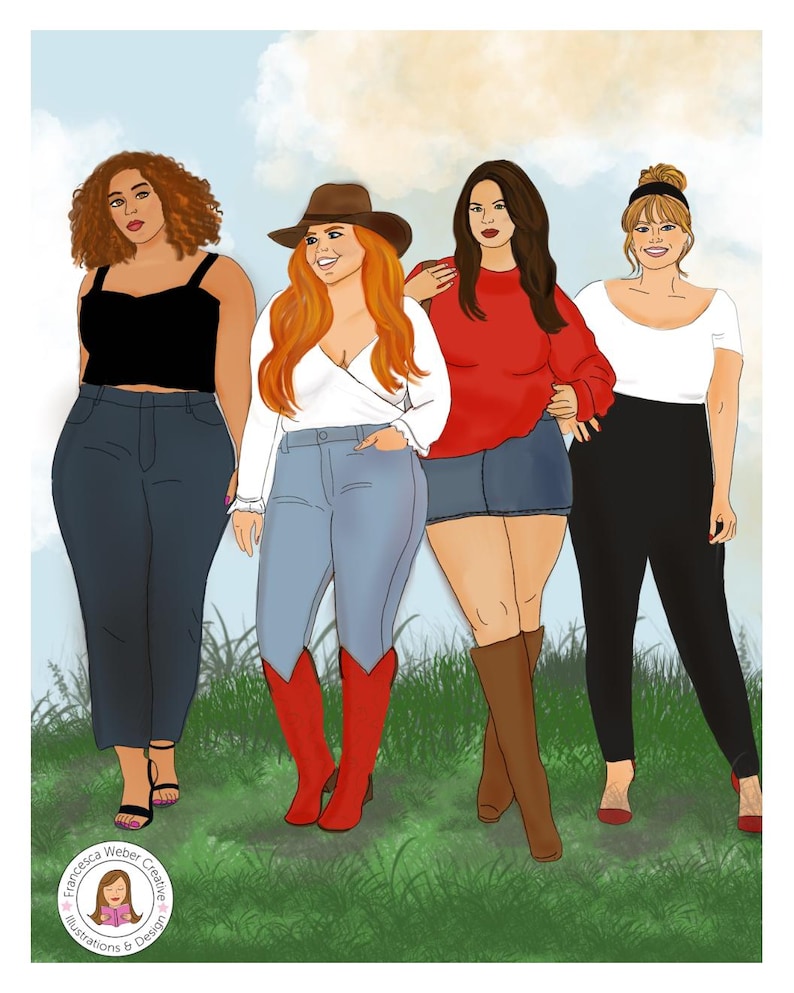 Puede incluir: Ilustraci&oacute;n de cuatro mujeres vestidas con ropa informal, de pie sobre hierba bajo un cielo azul. La imagen incluye a una mujer con sombrero de vaquero y botas. La obra de arte est&aacute; firmada por Francesca Weber Creative.