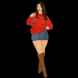 Puede incluir: Ilustraci&oacute;n de una persona con un su&eacute;ter rojo, pantalones cortos de mezclilla y botas marrones hasta la rodilla. Un bolso marr&oacute;n est&aacute; sobre el hombro. El fondo es negro.
