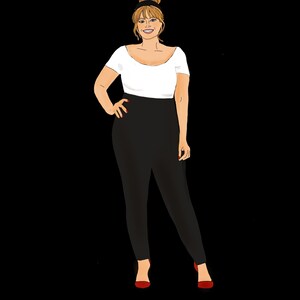 Puede incluir: Ilustraci&oacute;n de una persona con un top blanco con hombros descubiertos, pantalones negros y zapatos rojos. La persona tiene el pelo rubio recogido en un mo&ntilde;o y est&aacute; sonriendo. El fondo es negro.